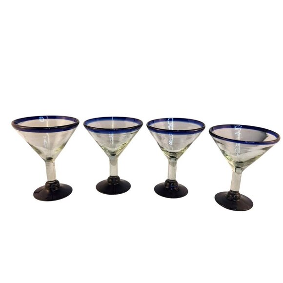Retro MEXICO Hand Blown Cobalt Rim & Foot 12oz Stemmed MARTINI GLASSES Set of 4 - Picture 7 of 10
